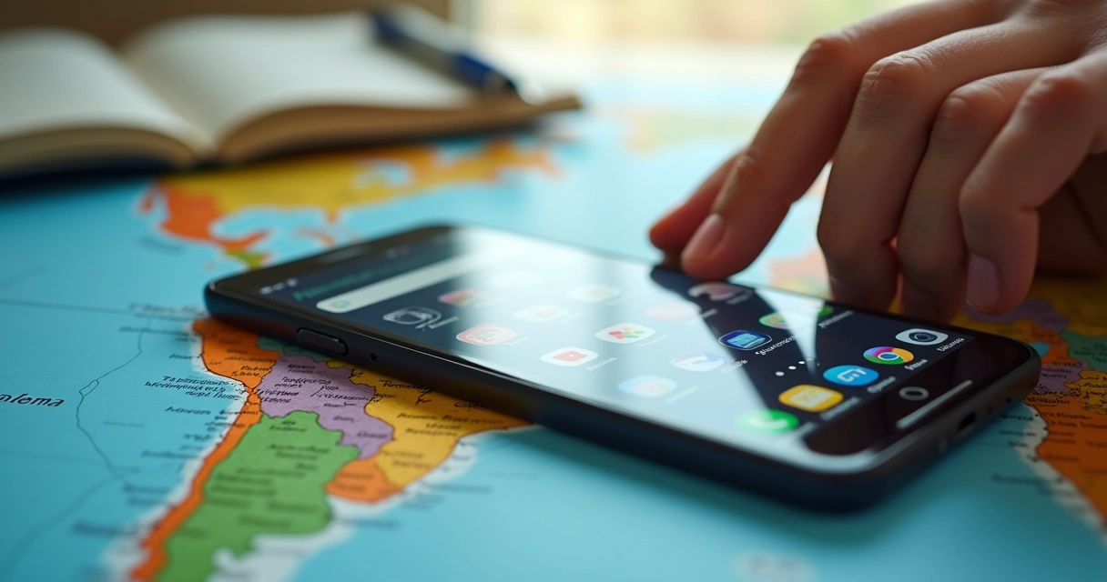 Celular com aplicativos de viagem aberto sobre mapa colorido do Brasil 
