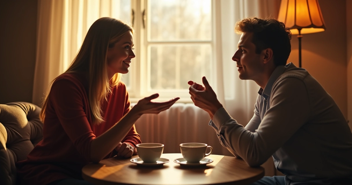 Duas pessoas sentadas conversando de modo acolhedor