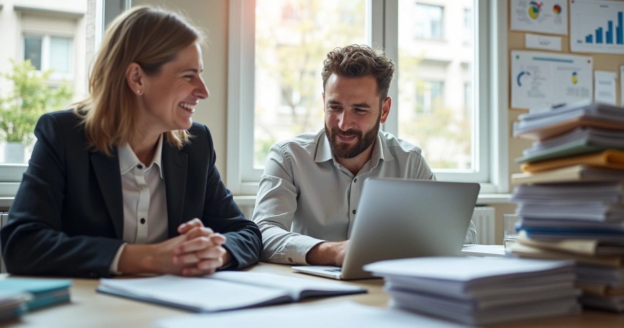 Consultor auxiliando cliente na separação de documentos para o imposto de renda