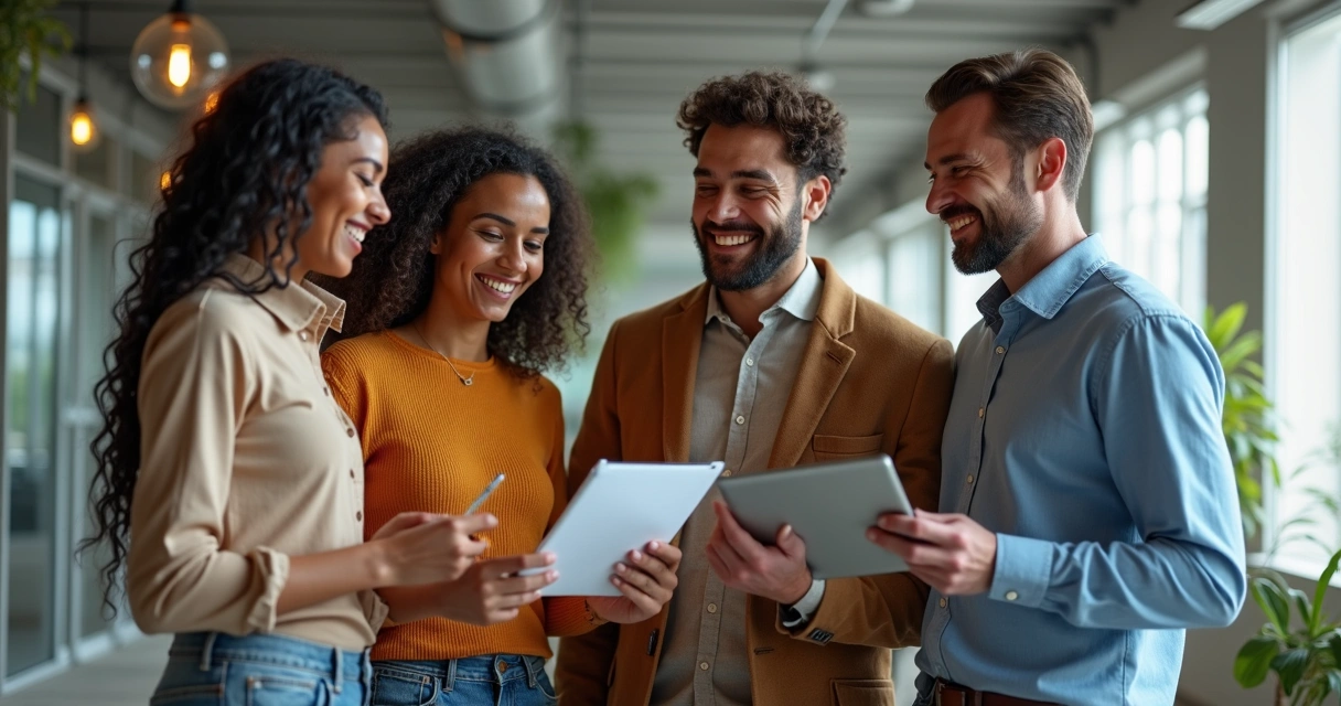 Colegas de trabalho de diferentes origens lado a lado, sorrindo e compartilhando ideias 