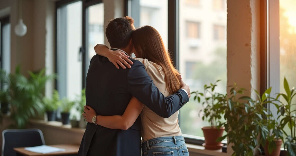 Colega abraçando outro em ambiente de trabalho 