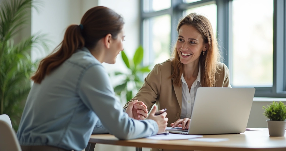 Pessoa apoiando colega de trabalho sentado ao lado de uma mesa com laptop 