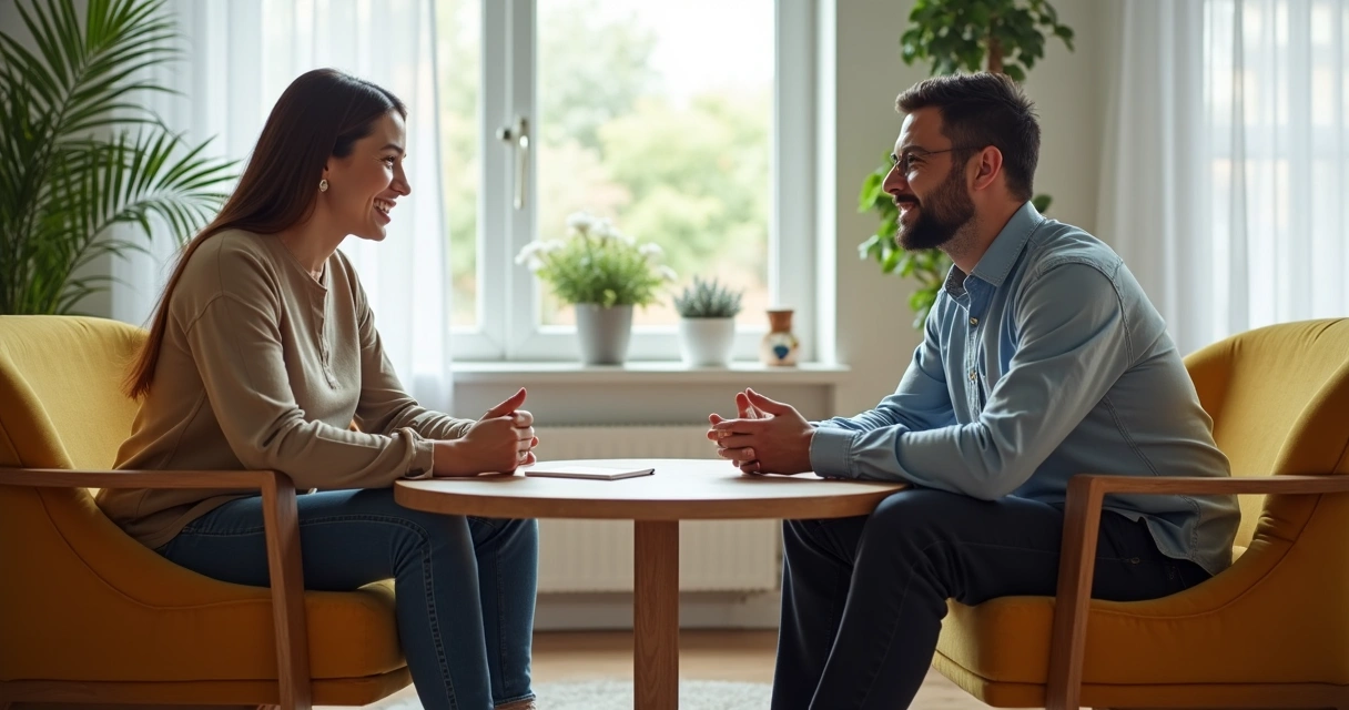 Pessoa conversando com terapeuta em ambiente acolhedor 