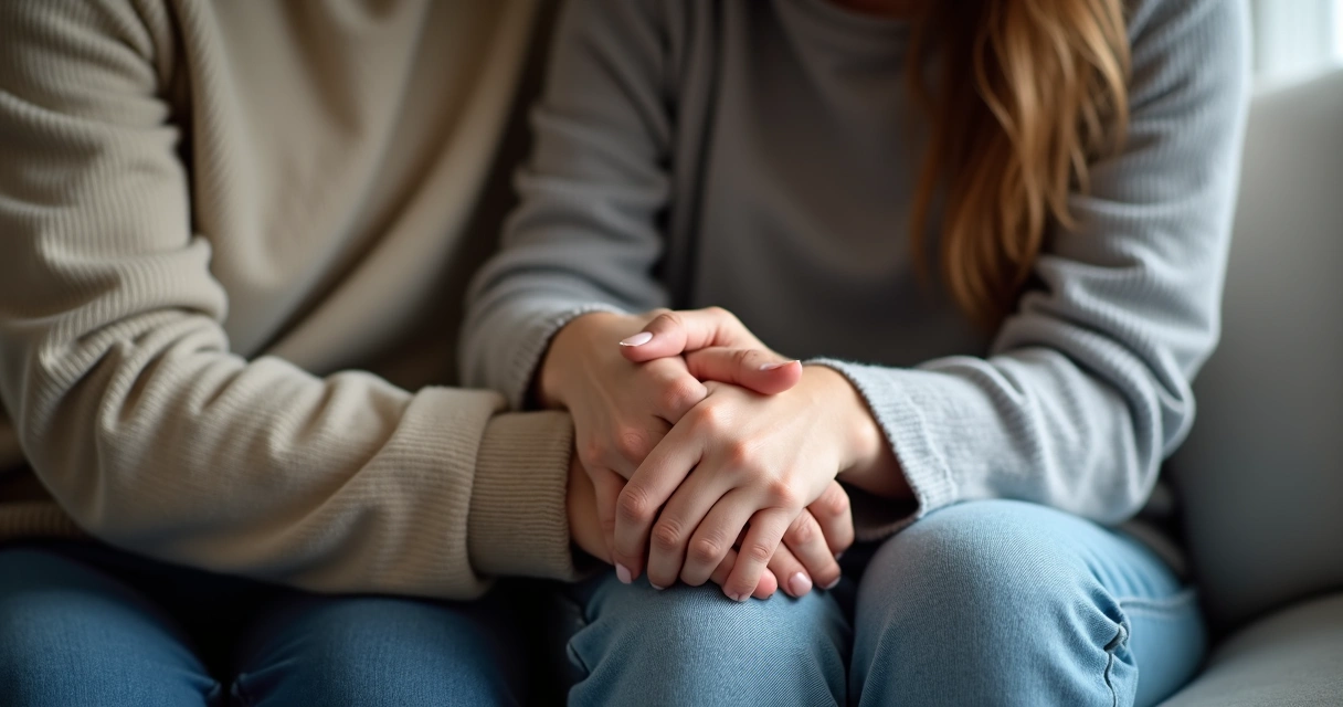 Duas pessoas se abraçando em apoio mútuo durante uma situação difícil