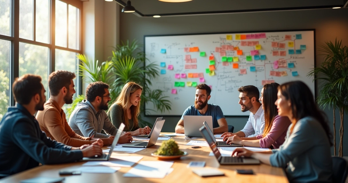 Empreendedores discutindo ideias inovadoras em ambiente colaborativo 