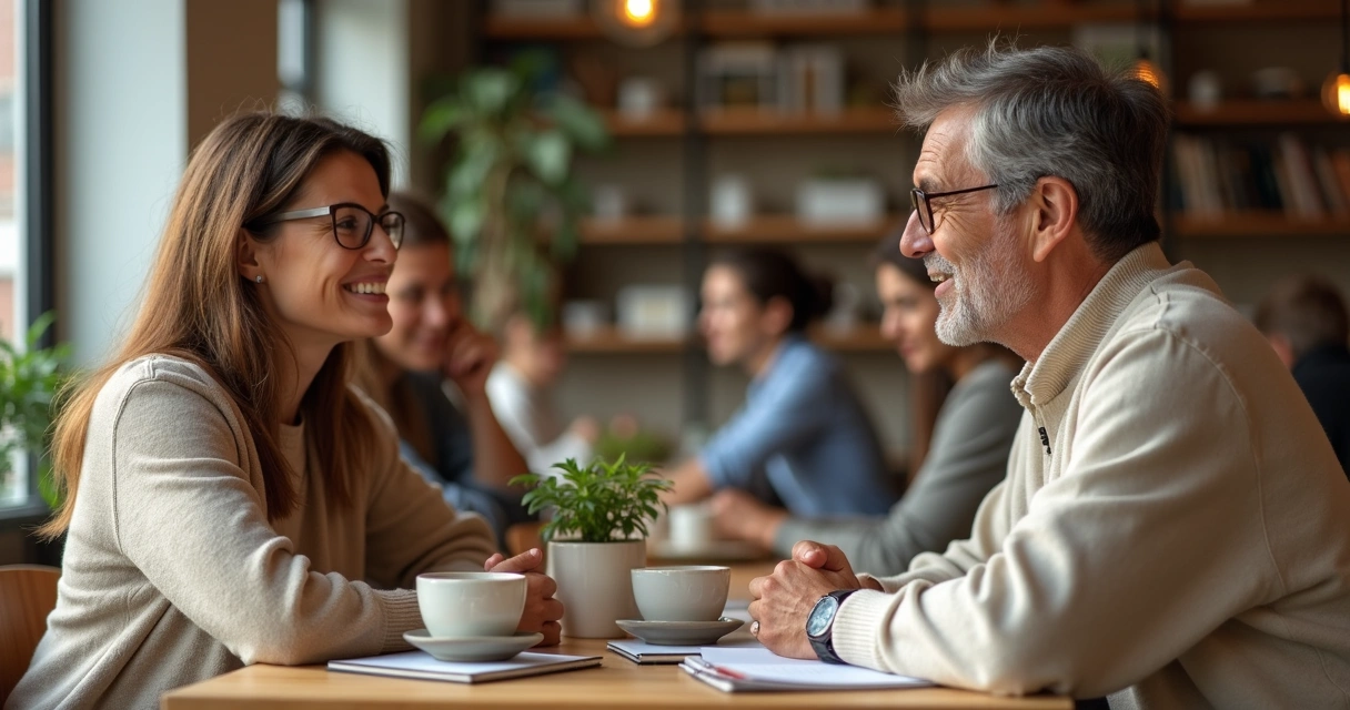 Duas pessoas conversando com café em ambiente comunitário