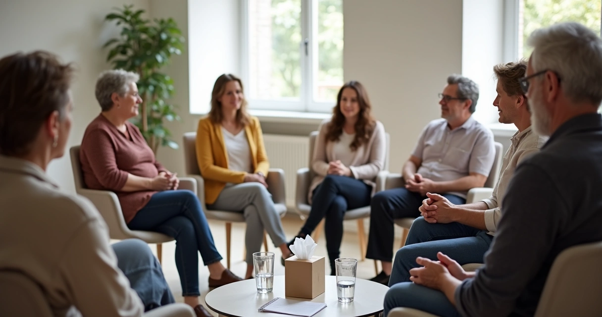 Círculo de apoio comunitário em sala clara