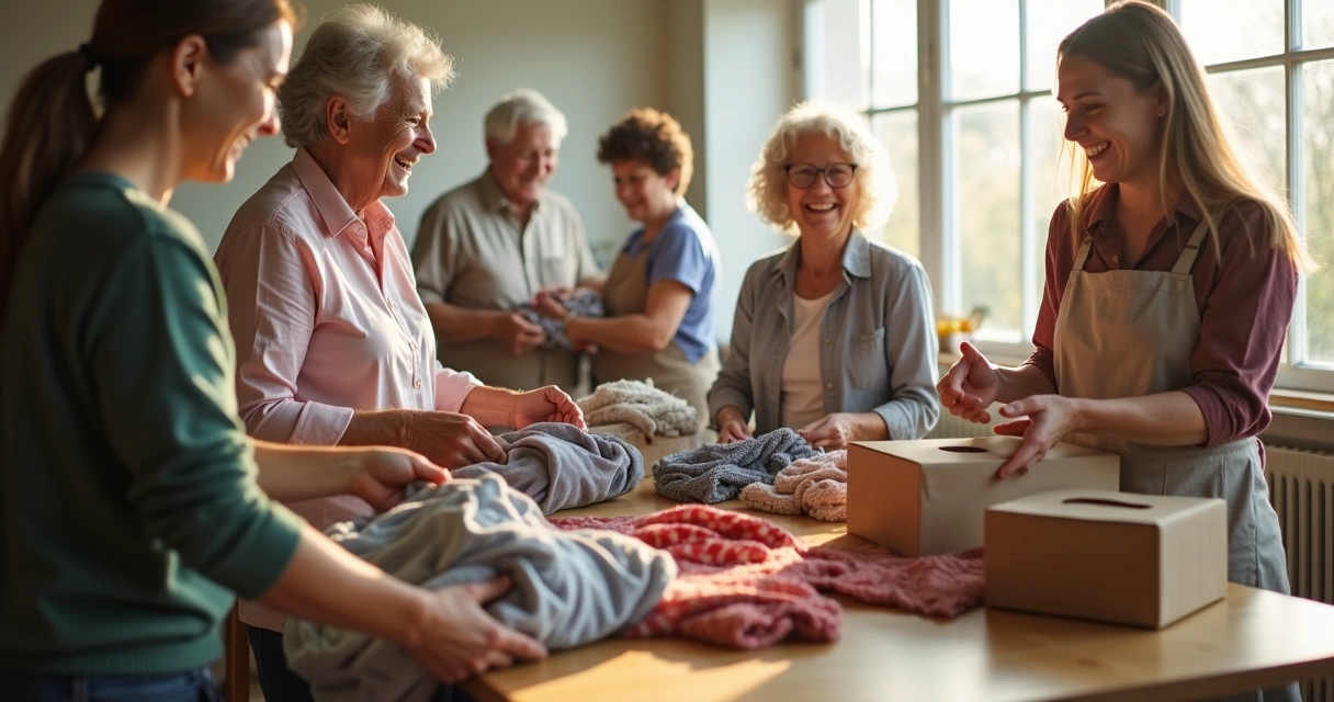 Pessoas ajudando outras com doações em um espaço comunitário