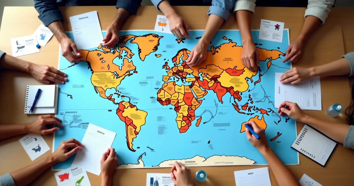 Mãos conectadas sobre mapa e itens de ajuda