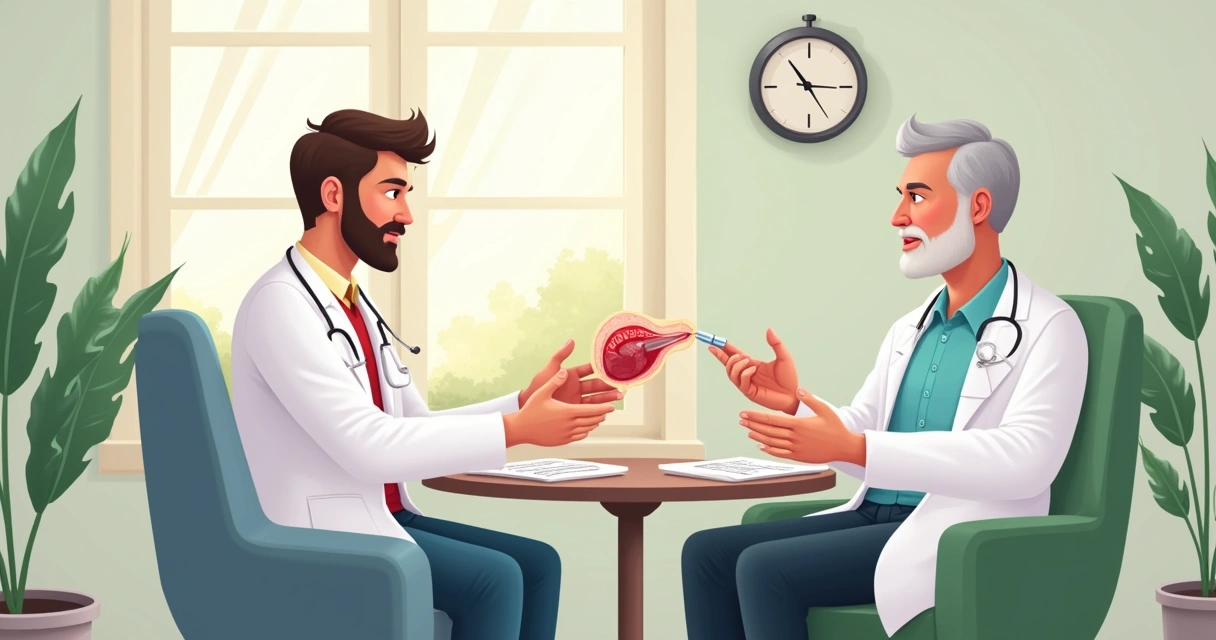 Médico urologista explicando tratamento ao paciente de forma acolhedora 