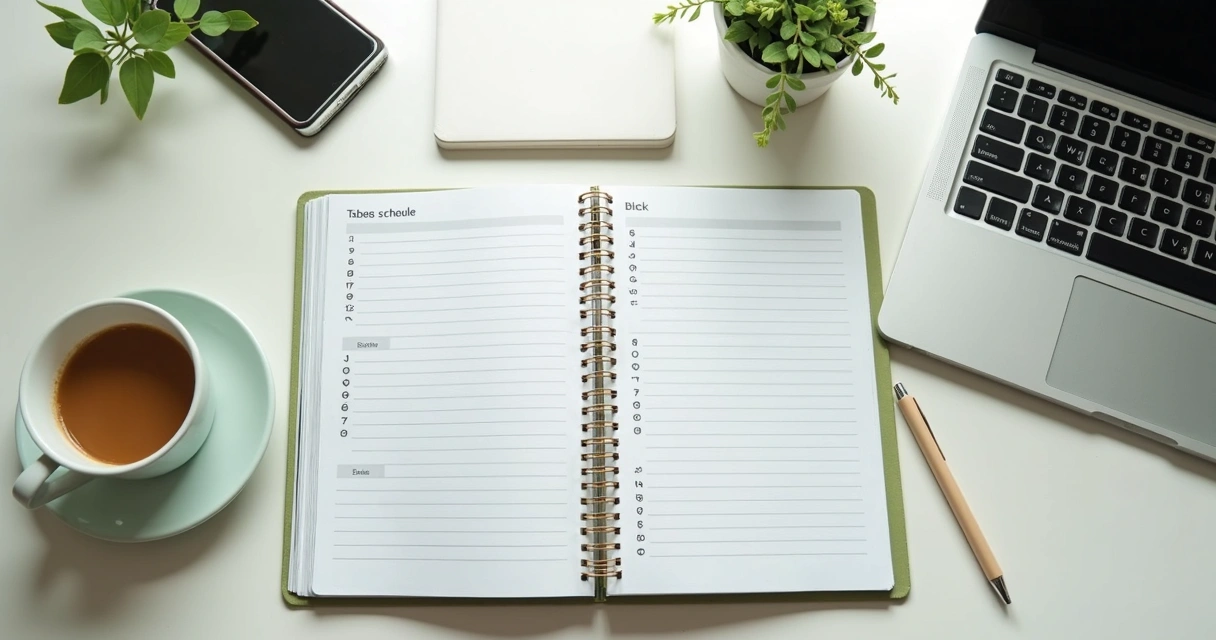 Caderno com planejamento, pausa para café e ambiente calmo de trabalho