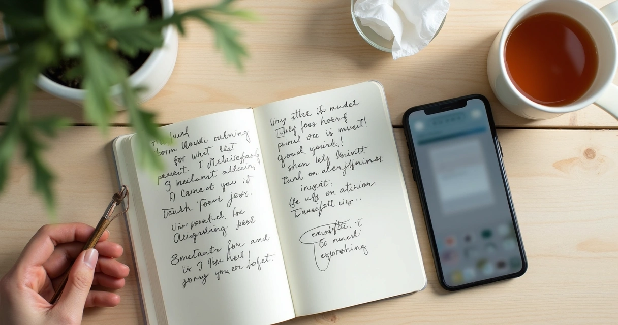 Caderno com anotações e celular sobre mesa clara