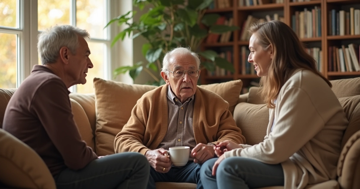 Família conversando com calma em casa