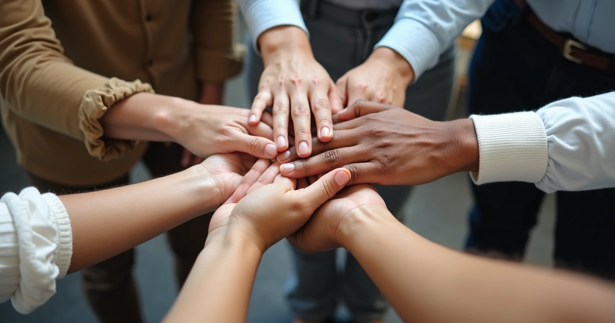 Mãos unidas em gesto de apoio em encontro de grupo