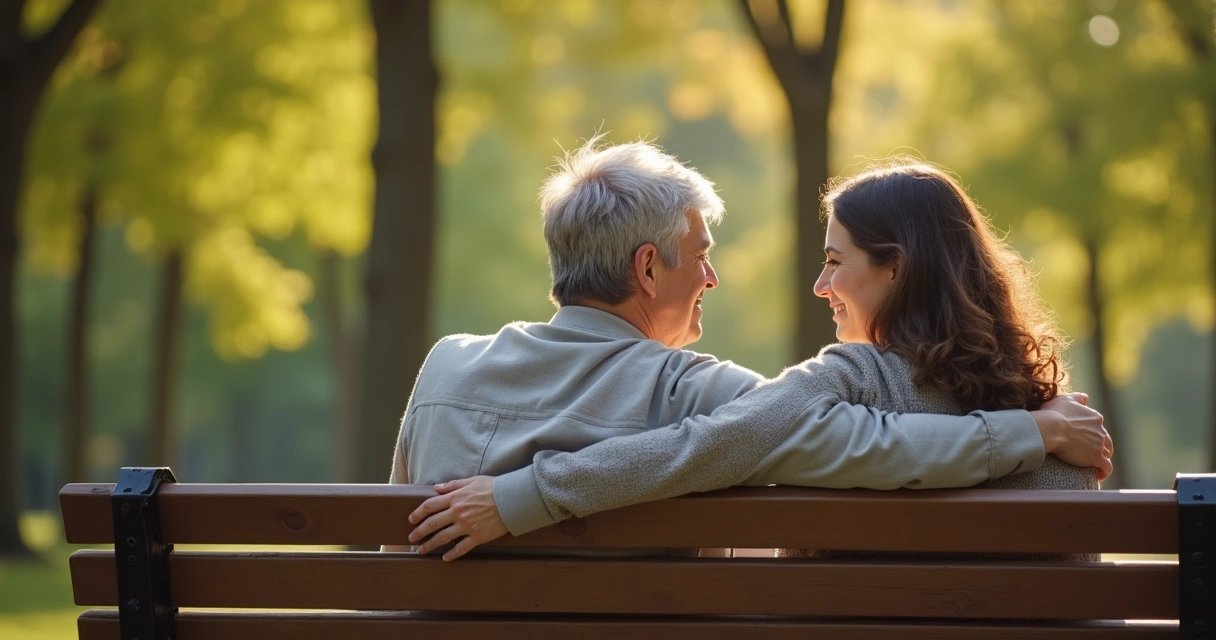 Dois amigos sentados em um banco conversando em tom acolhedor 