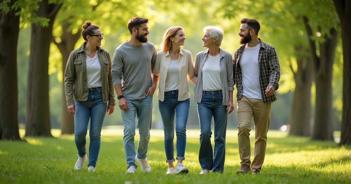 Grupo de amigos conversando em um parque caminhando lado a lado 