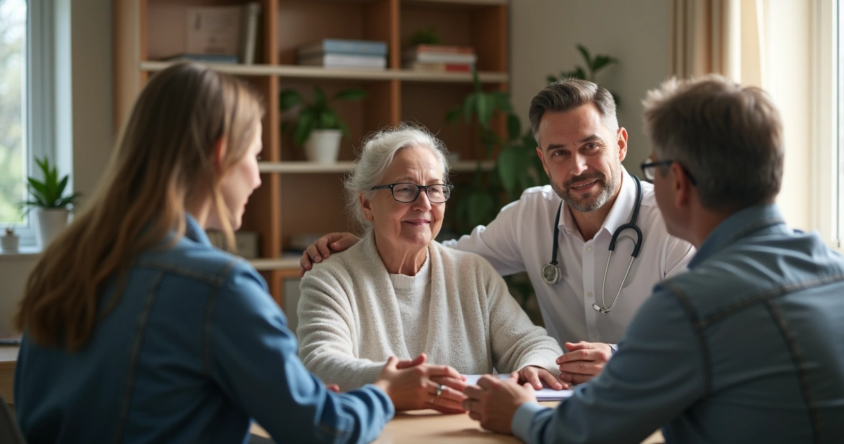 Paciente com câncer sendo apoiado por família e psicólogo em consultório.