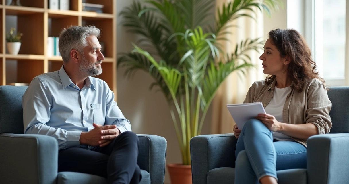 Duas pessoas conversando sobre mudança profissional em ambiente acolhedor