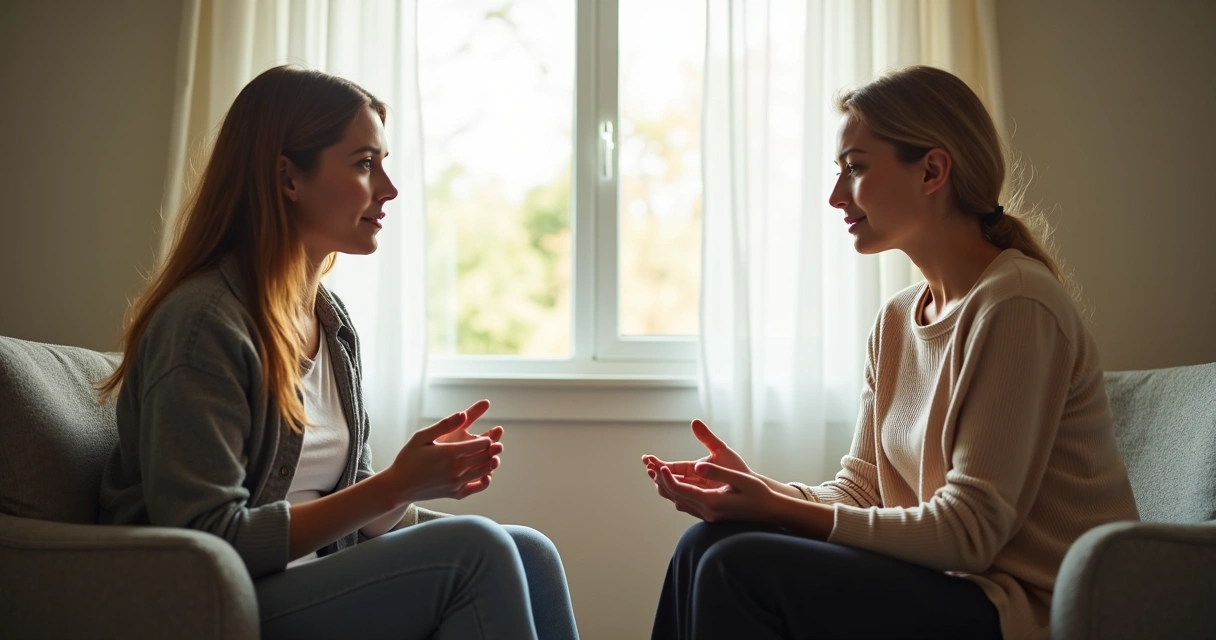Duas pessoas sentadas e conversando em clima de apoio e escuta 