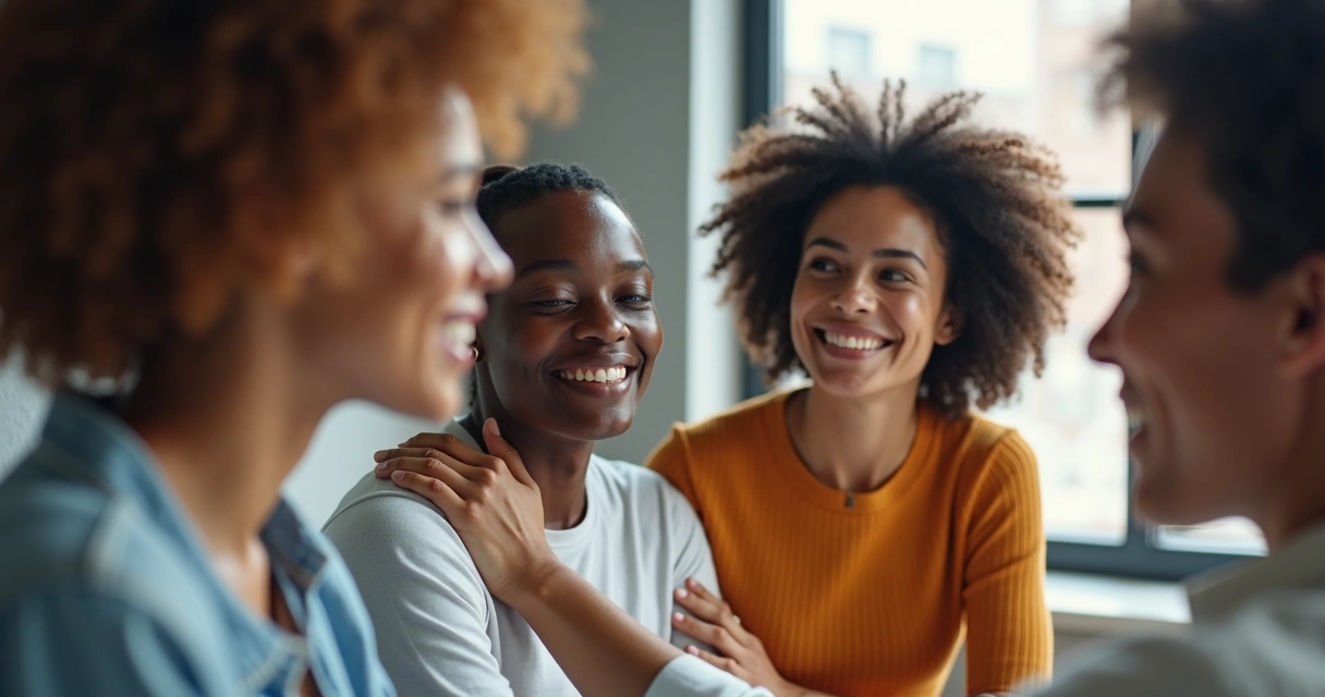 Colegas de equipe mostrando apoio emocional em ambiente de trabalho. 