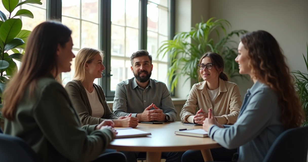Profissionais em roda de conversa e apoio no trabalho 