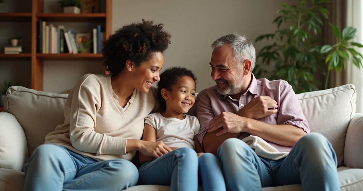 Família reunida no sofá prestando apoio emocional entre si