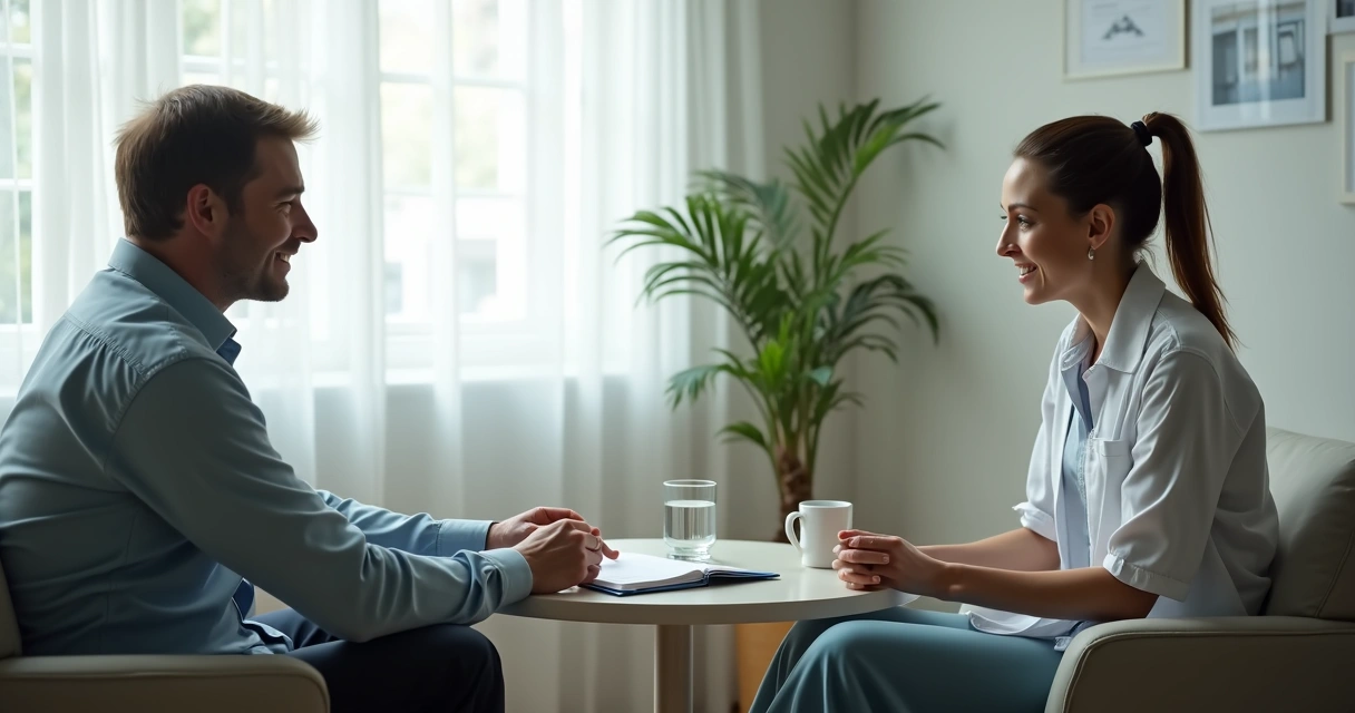 Paciente conversando com profissional de saúde e recebendo apoio