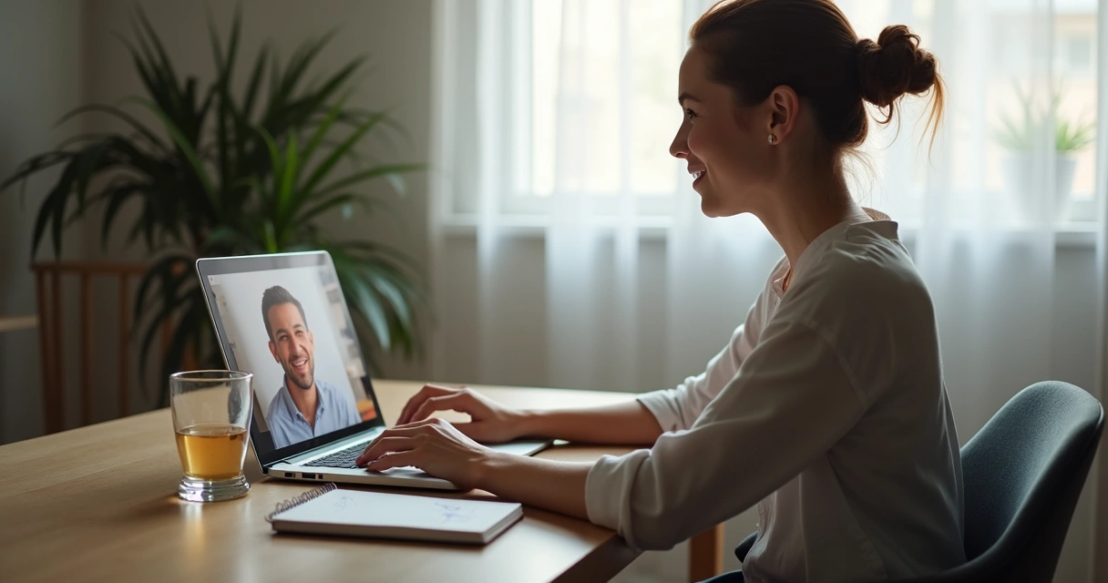 Pessoa em videochamada de apoio emocional em ambiente calmo