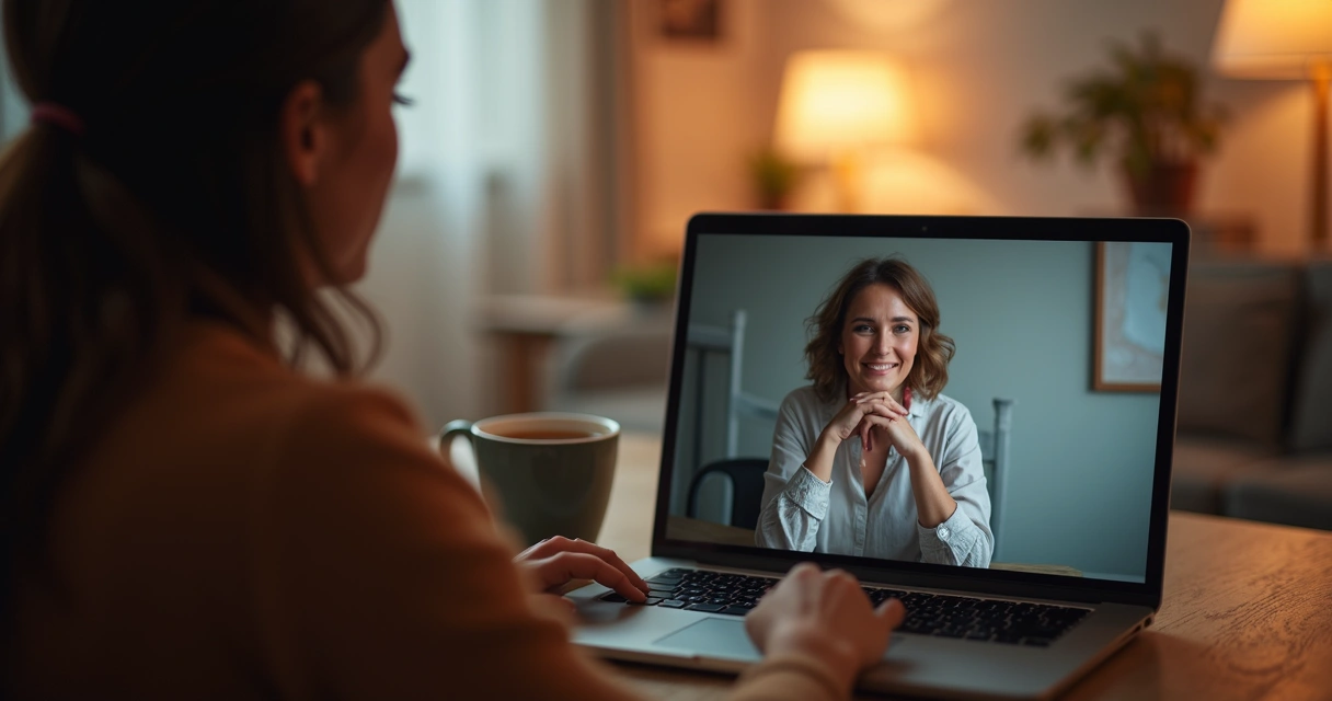 Duas pessoas em videochamada com expressão acolhedora