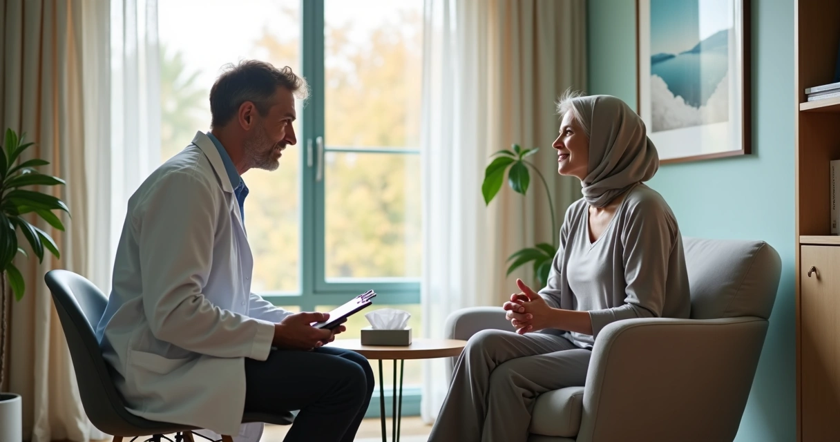 Oncologista e paciente conversando em consultório acolhedor sobre diagnóstico de câncer 