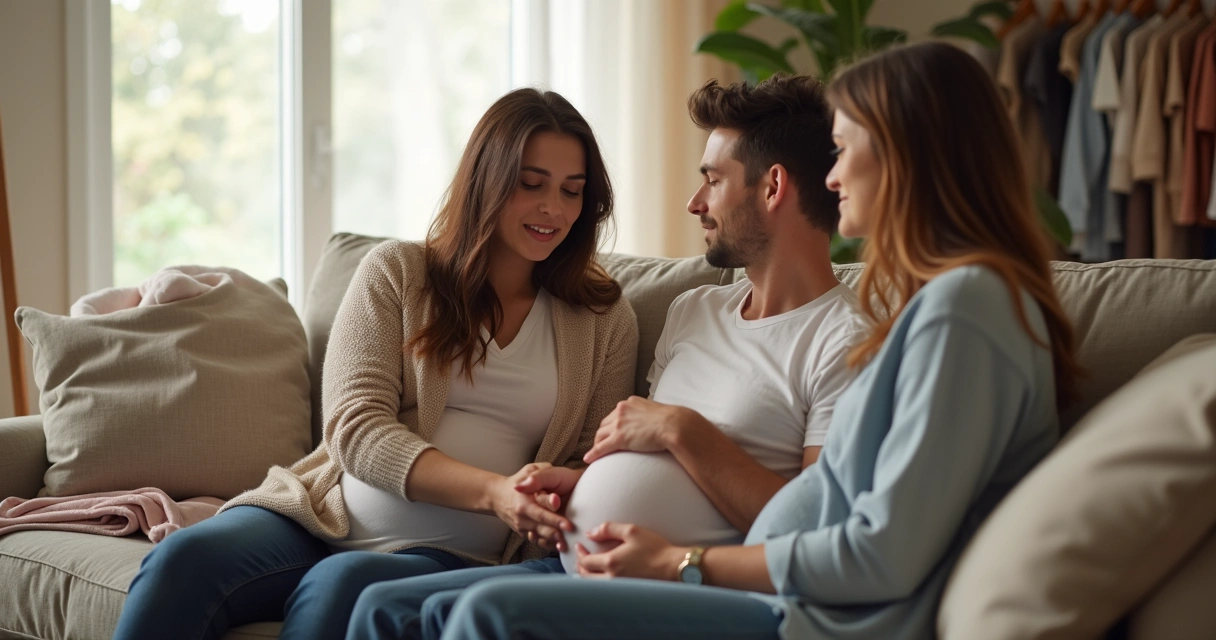 Gestante recebendo apoio emocional da família em ambiente doméstico 