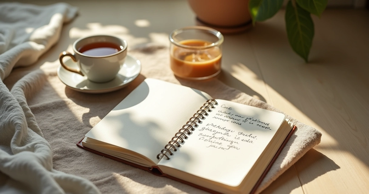 Caderno, xícara e almofada de meditação em ambiente sereno 