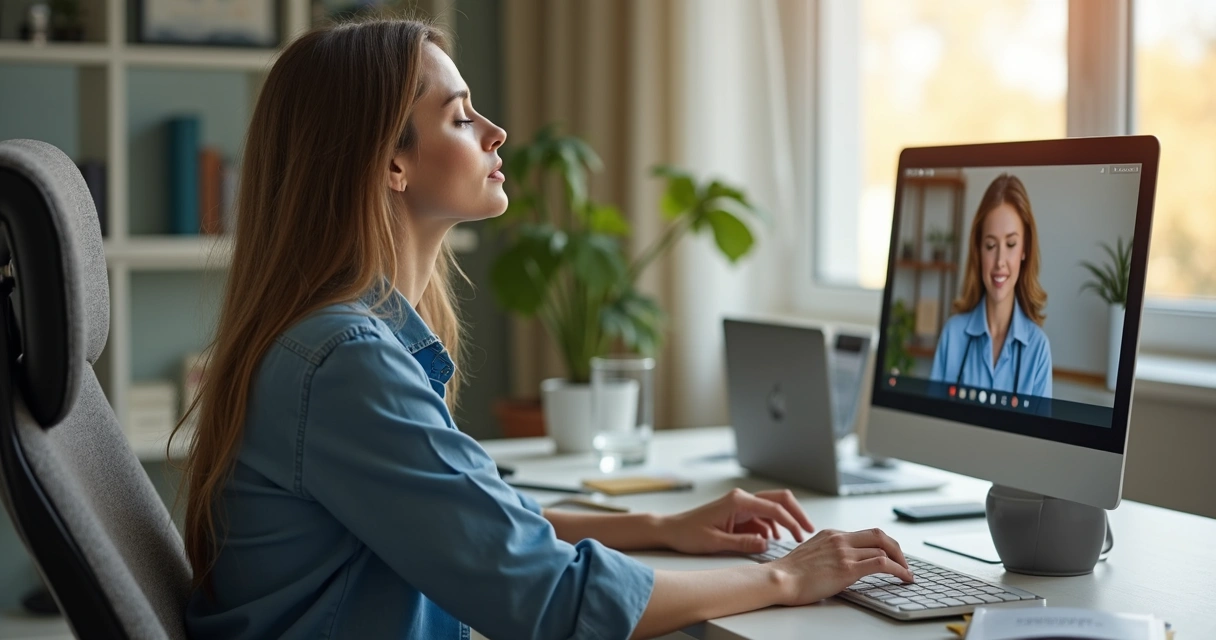Pessoa em home office fazendo pausa de respiração com apoio virtual