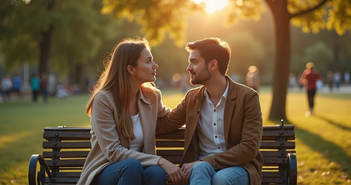 Dois amigos conversam sentados em um banco, um confortando o outro. 