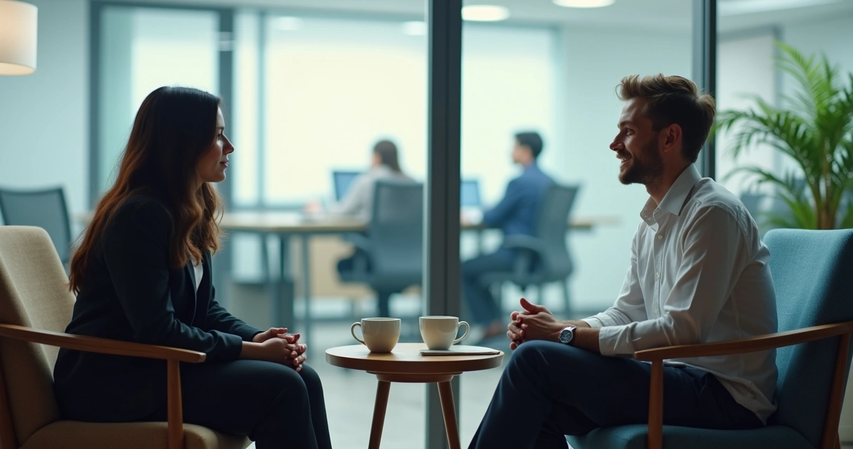 Dois colegas conversando com apoio em ambiente de escritório 