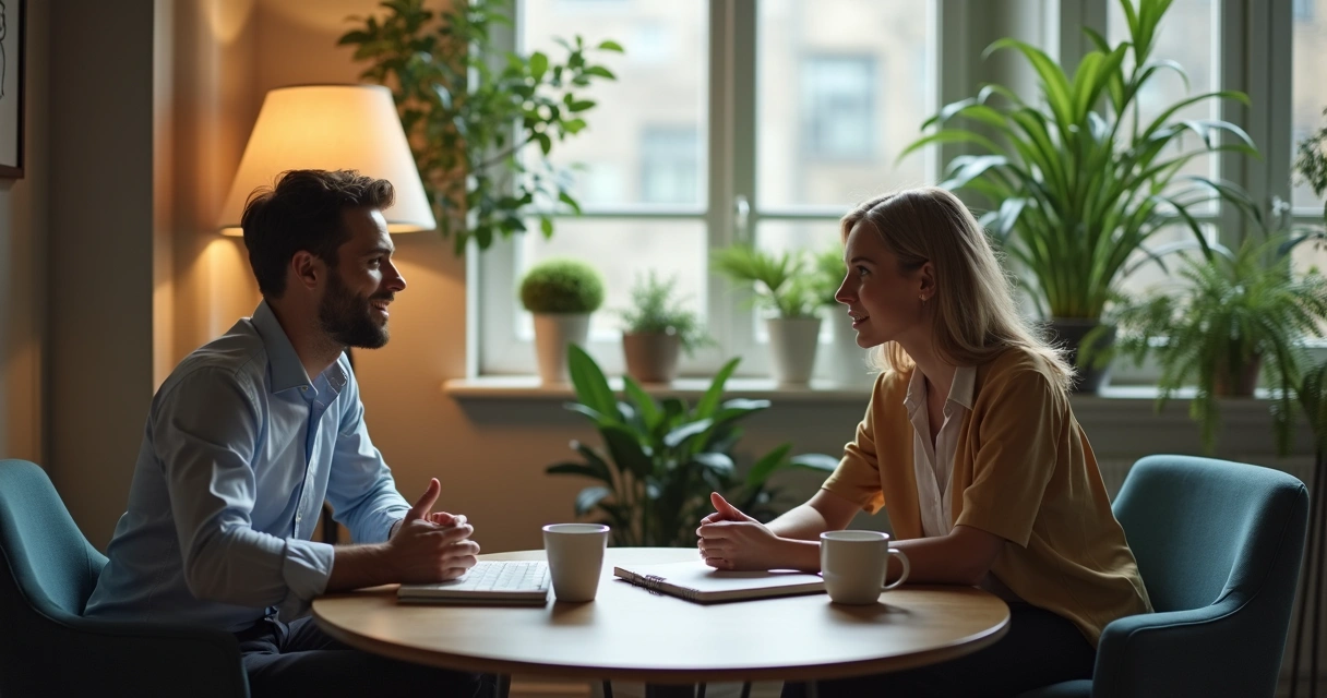 Dois colegas conversando com apoio em ambiente de escritório 
