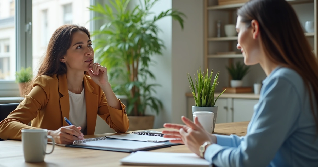 Dois colegas conversando em ambiente de trabalho com escuta atenta
