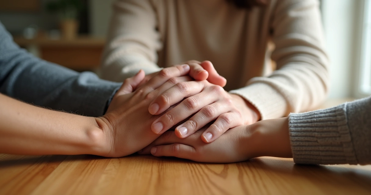Mãos de três gerações unidas sobre uma mesa 