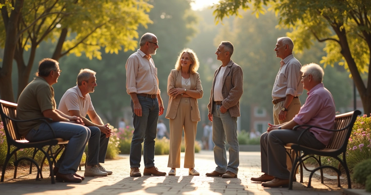 Moradores em círculo conversando e apoiando uns aos outros 