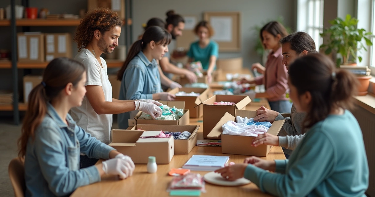 Voluntários organizando doações juntos em ambiente comunitário