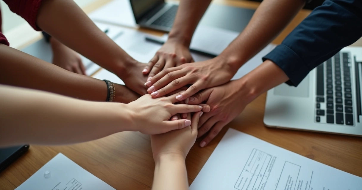 Mãos de equipe se unindo no centro sobre uma mesa, transmitindo apoio mútuo 