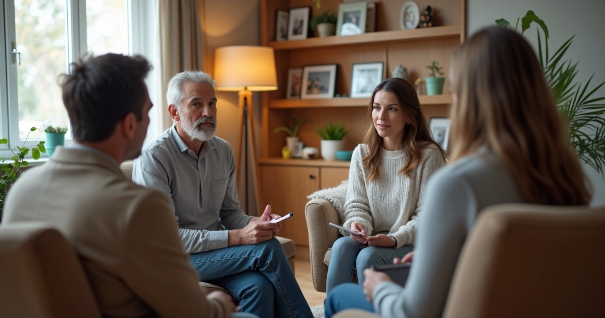 Profissional auxiliando família em ambiente acolhedor 