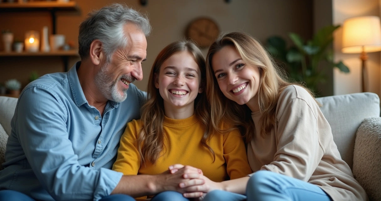 Família reunida sorrindo após decisão profissional 