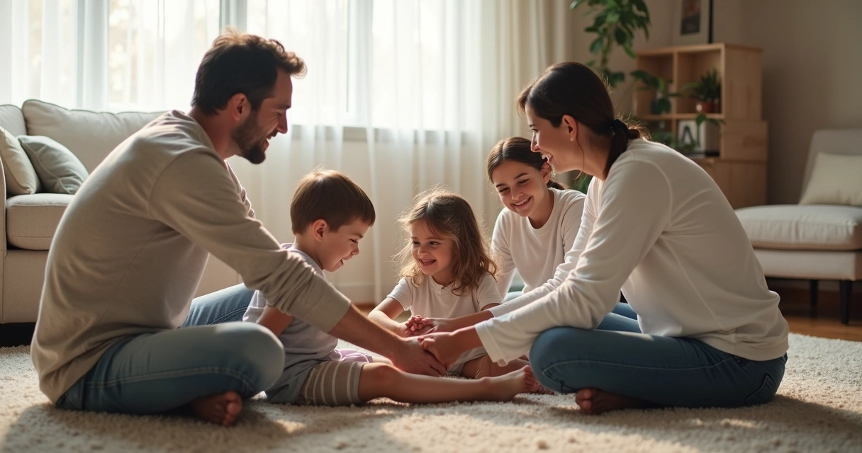 Família sentada junta em círculo, apoiando-se. 