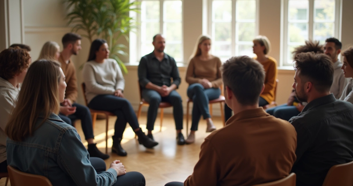 Grupo sentado em círculo, ouvindo atentamente, ambiente iluminado, pessoas diversas