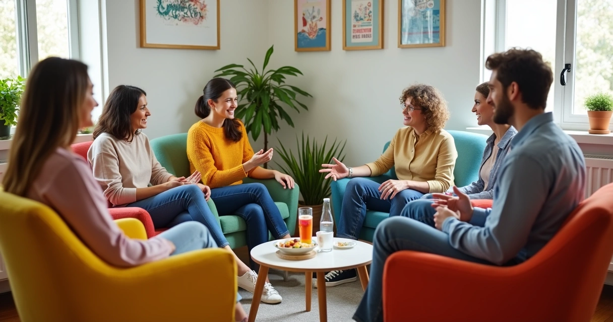 Grupo de apoio conversando e sorrindo em círculo, ambiente acolhedor. 