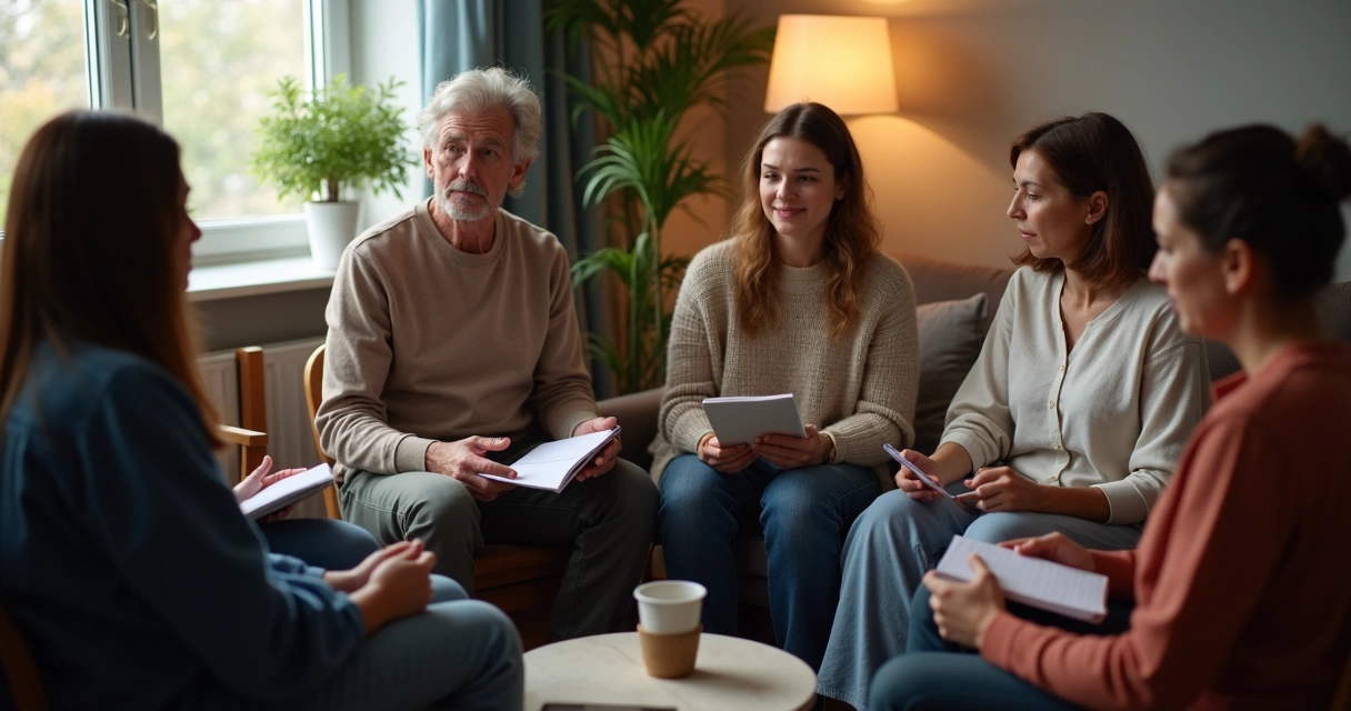 Encontro de grupo de apoio oncológico sentado em círculo. 