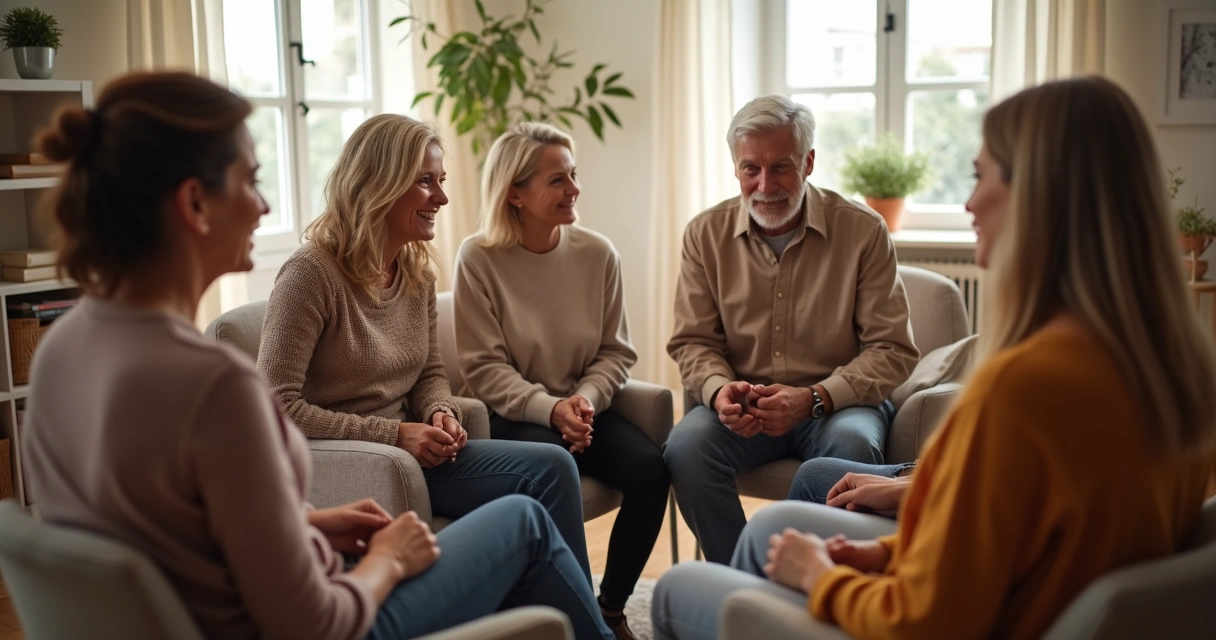 Grupo de apoio conversando em roda em ambiente claro
