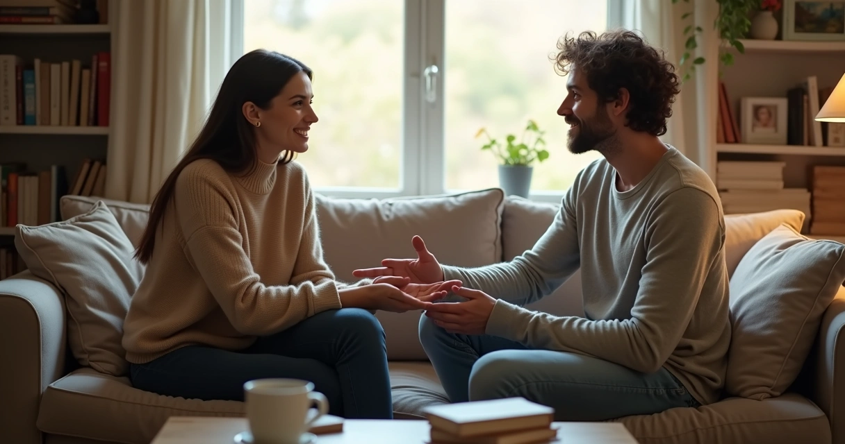 Duas pessoas conversando sentadas em clima de apoio e compreensão