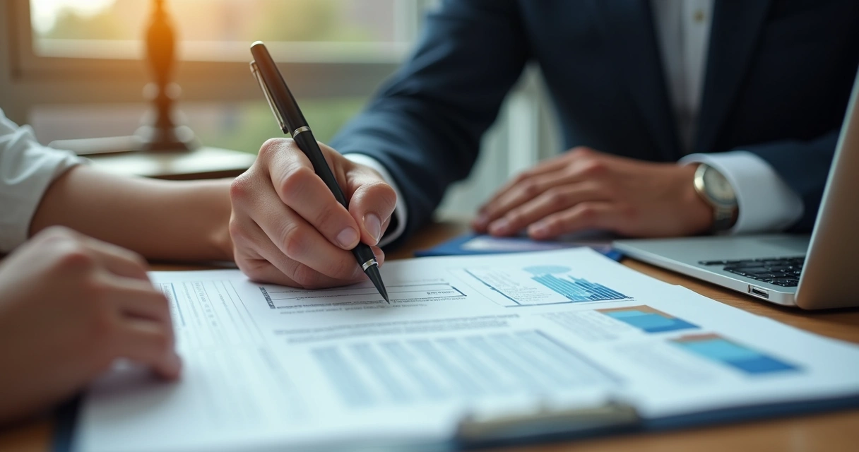 Pessoa segurando caneta e laudo médico com advogado ao lado 